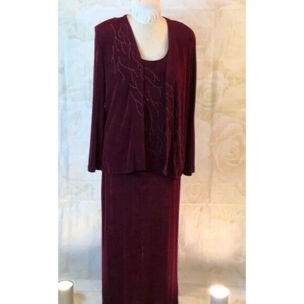 Vintage Huey Waltzer Saks Fifth Ave. Formal Maxi Dress & Jacket Red Bead Detail
